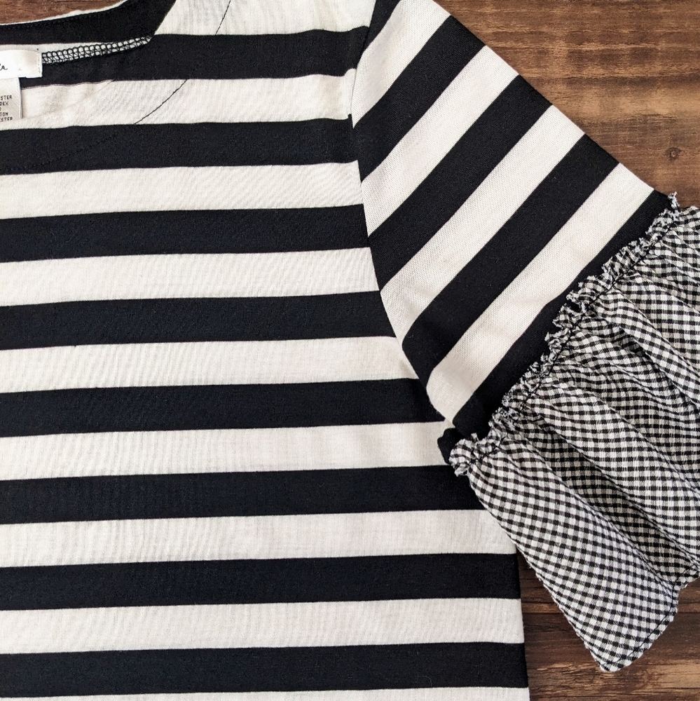 Isla Black White Stripe Gingham Plaid Pattern Mix Tee Shirt